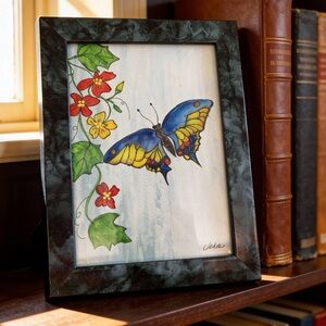 Hand crafted painted blue butterfly red flower green faux marble frame 8x6 inch